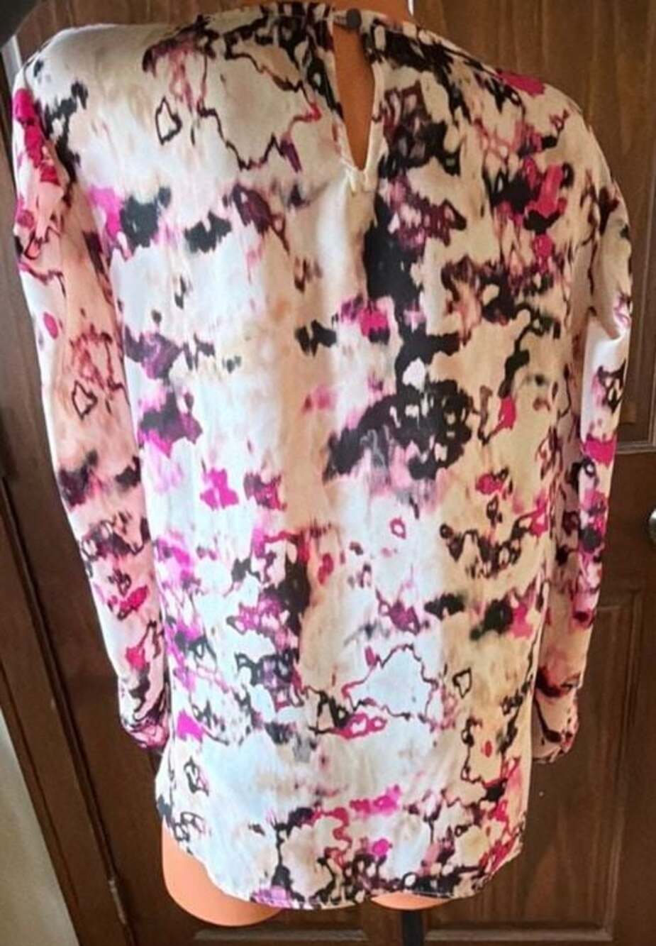 DKNY Women's Long Sleeve Crewneck Blouse in Pink, Black and White Abstract Print - Picture 9 of 10